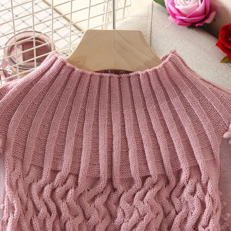 High quality sweet floral puff sleeves half high neck sweater