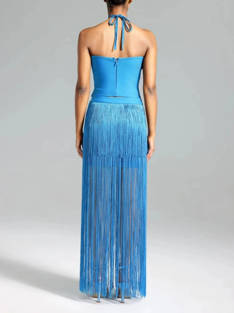 Two Piece Set Blue Halter Backless Crop Top + High Quality Fringe Bodycon Skirt