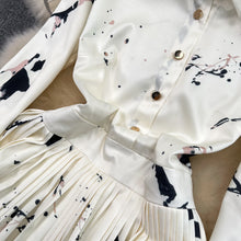 High Quality Satin Ink Print Polo Neck Long Sleeve A-Line Shirt Dress
