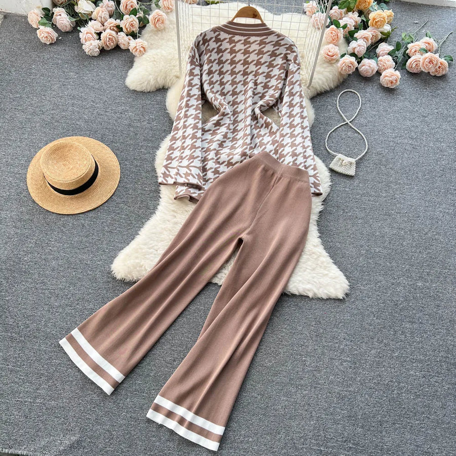 Two Piece Sets V-neck Bowknot Sweater Top + High Waist Draped Long Pants