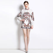 Paisley Flower Print 2 Piece Suit Stand Collar Loose Fit Shirt + Lace Trim Shorts High Quality