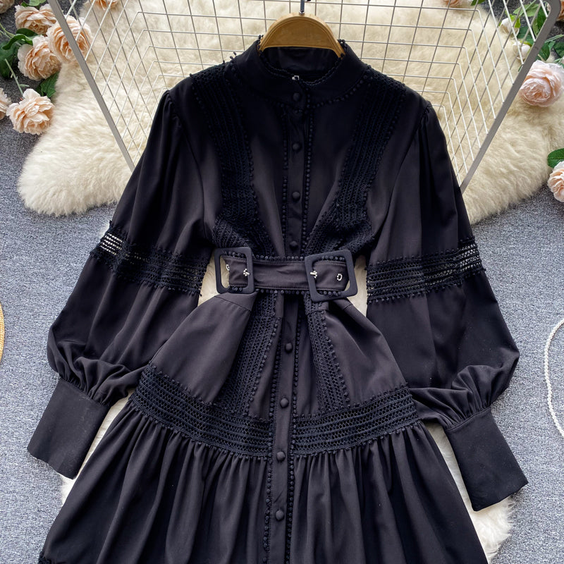 High Quality Stand Collar Puff Long Sleeve Button A Line Short Dress