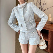 Elegant Women Autumn Shiny Sequined Diamonds Jacket Shorts Two Piece Set Slim Fit Party Outfits Office Ladies Work Matching Sets