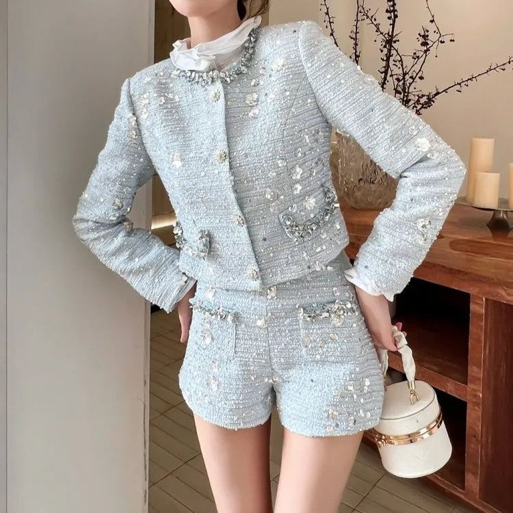Elegant Women Autumn Shiny Sequined Diamonds Jacket Shorts Two Piece Set Slim Fit Party Outfits Office Ladies Work Matching Sets