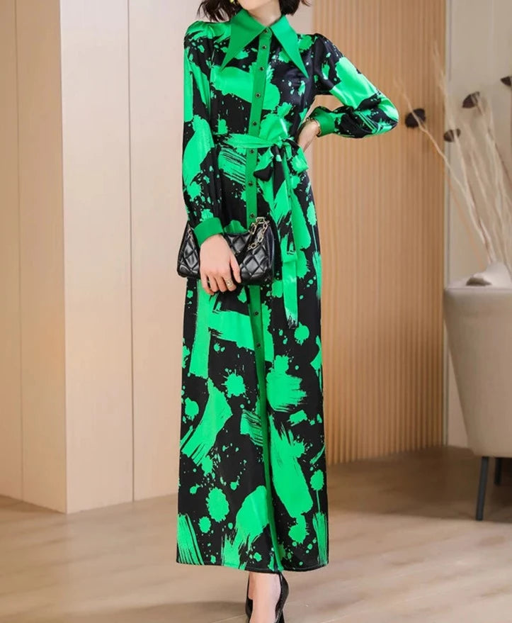 Long sleeve long dress with print and high quality belt