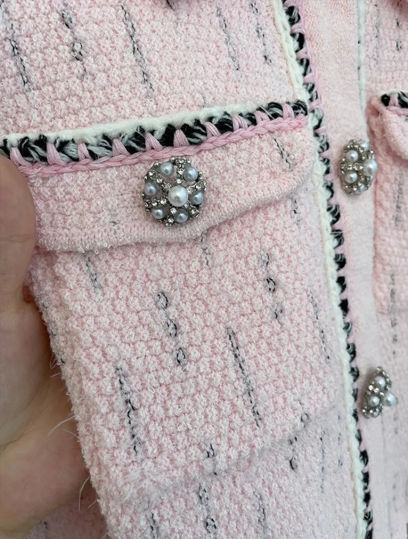 Slim Fit Spring Autumn Office Ladies Pink Tweed Short Jacket High Waist A-Line Skirt Two Piece Set Elegant Women Fashion Sets