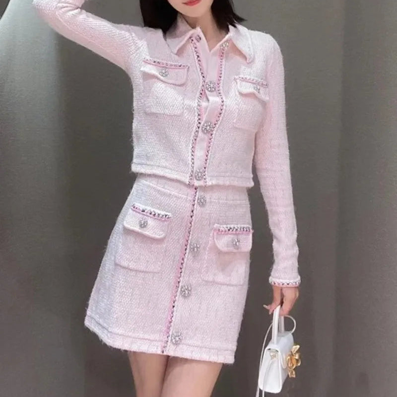 Slim Fit Spring Autumn Office Ladies Pink Tweed Short Jacket High Waist A-Line Skirt Two Piece Set Elegant Women Fashion Sets