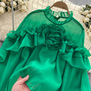 High-quality lantern-sleeved high-neck flared blouse in various colors