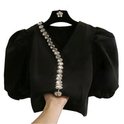 High Quality Short V Neck Elegant Vintage Puff Sleeve Beaded Blouses