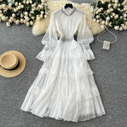 Elegant luxury French style dress, with smooth diamonds, flared sleeves and narrow waist, mid-length high quality