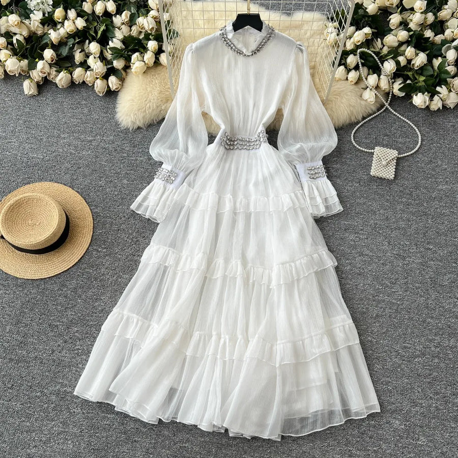 Elegant luxury French style dress, with smooth diamonds, flared sleeves and narrow waist, mid-length high quality