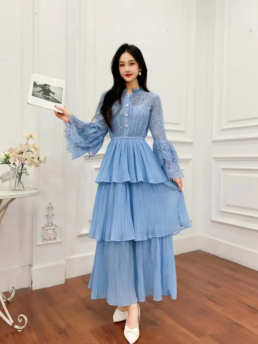 High Quality Lace Patchwork Sweet Pleated Long Sleeves Maxi Dress Red / One Size High Quality Lace Patchwork Sweet Pleated Long Sleeves Maxi Dress Red / One Size