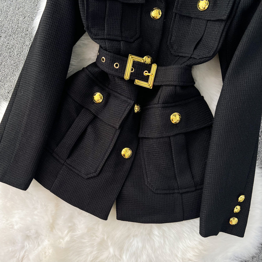 High quality double-breasted long-sleeved jacket with belt