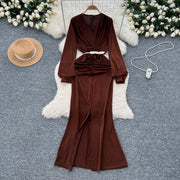 Elegant Pleated Vintage V-neck Chic Long Sleeve Slim Split Dress Korean Fashion Evening Party High Street Autumn Winter Clothing