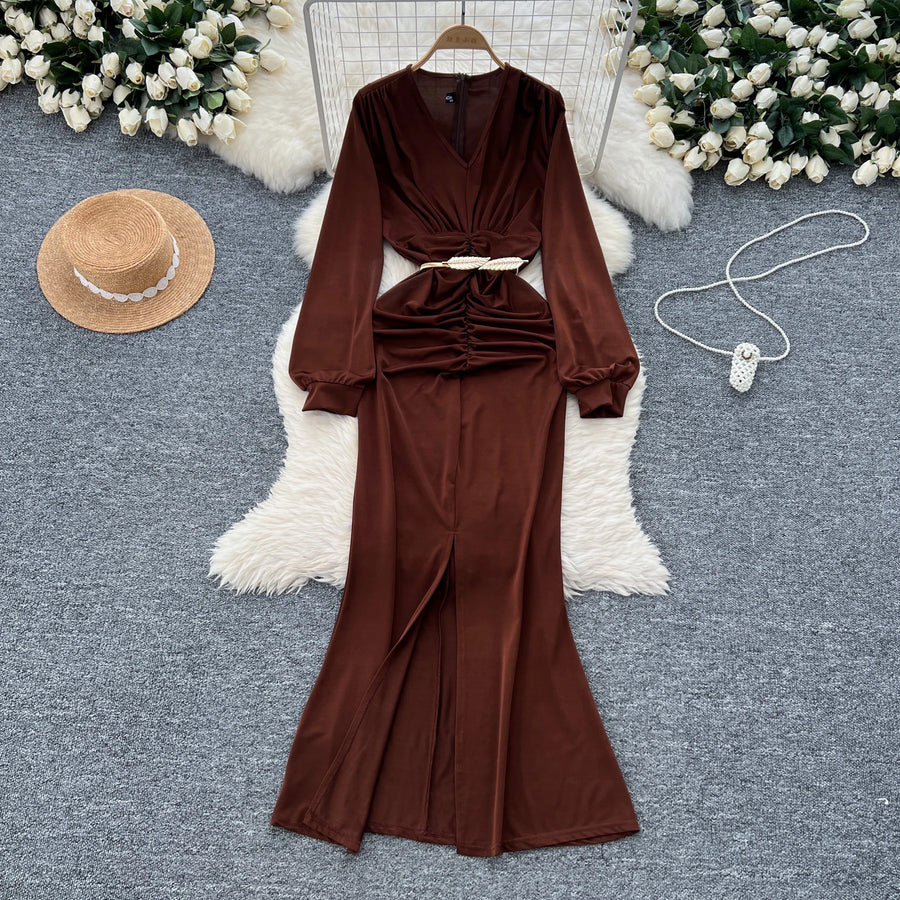 Elegant Pleated Vintage V-neck Chic Long Sleeve Slim Split Dress Korean Fashion Evening Party High Street Autumn Winter Clothing