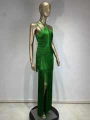 High quality green maxi sleeveless sexy elegant knitted bandage long dress