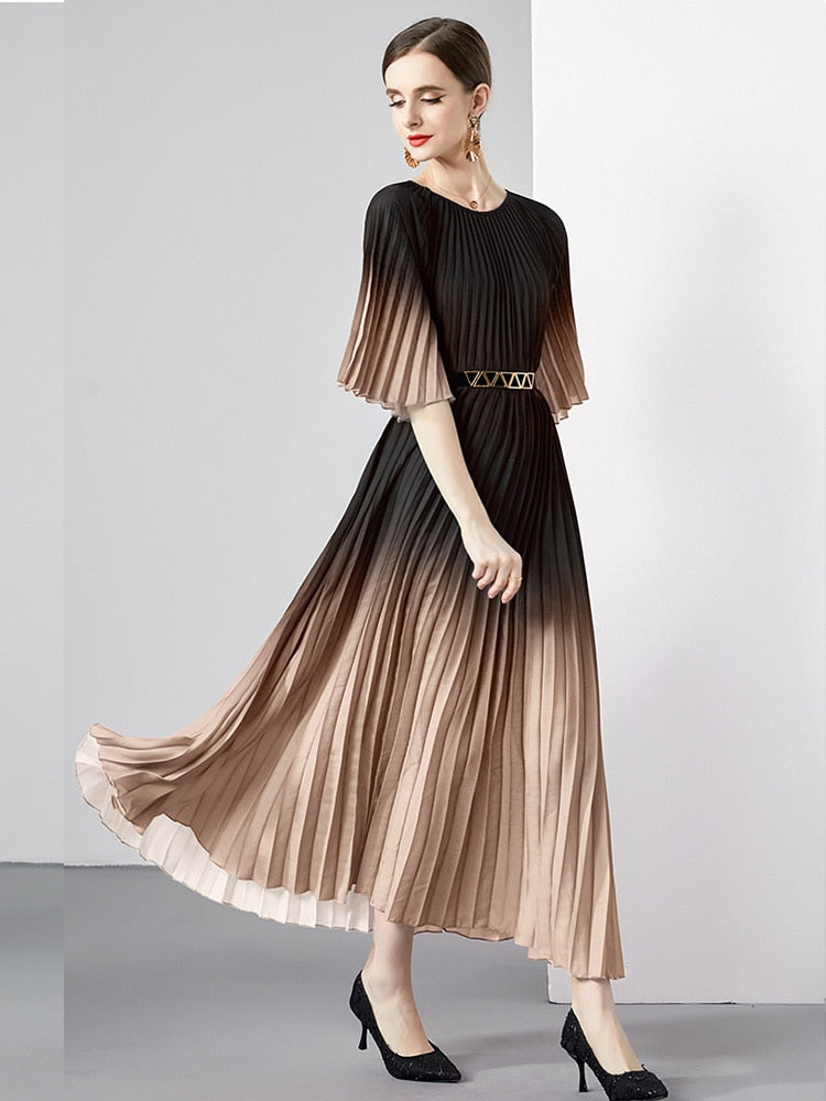 High Quality Vintage Oversized Loose Gradient Belt Lace Up O Neck Pleated Long Dress brown / One Size High Quality Vintage Oversized Loose Gradient Belt Lace Up O Neck Pleated Long Dress brown / One Size