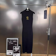 Solid Spliced Hollow Out Long Knitting Dress for Women O Neck Sleeveless High Waist Patchwork Metal Buckle Dresses Female