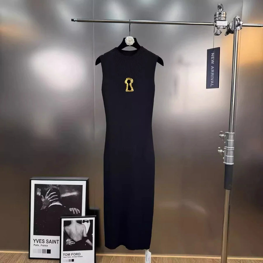 Solid Spliced Hollow Out Long Knitting Dress for Women O Neck Sleeveless High Waist Patchwork Metal Buckle Dresses Female