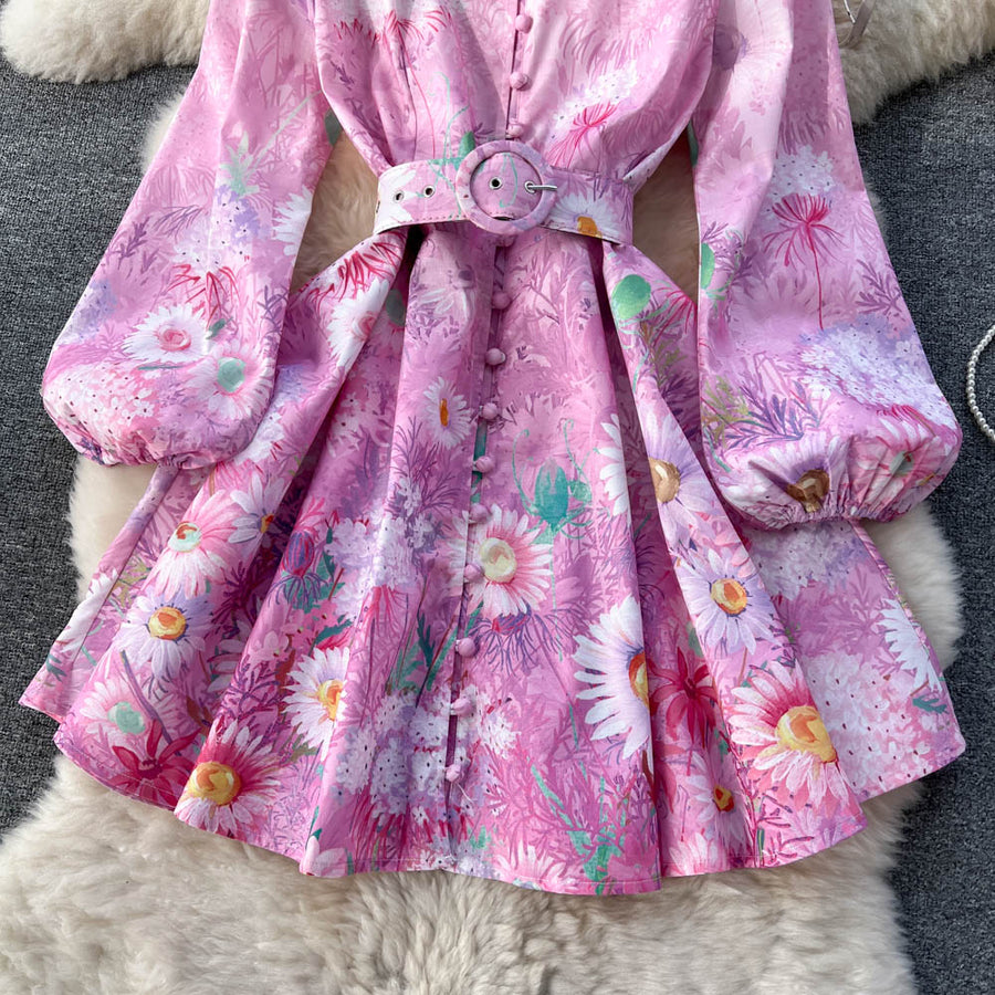 High Quality Floral Print Belted Long Flare Sleeve Stand Collar Flower Mini Dress