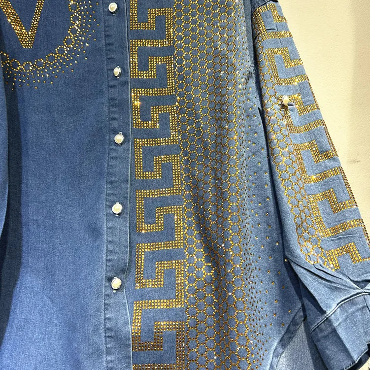 Streetwear Hot Drilling Women Denim Sets Diamonds Single-breasted Loose Long Sleeve Shirts Coat + Wide Leg Straight Jeans Suits