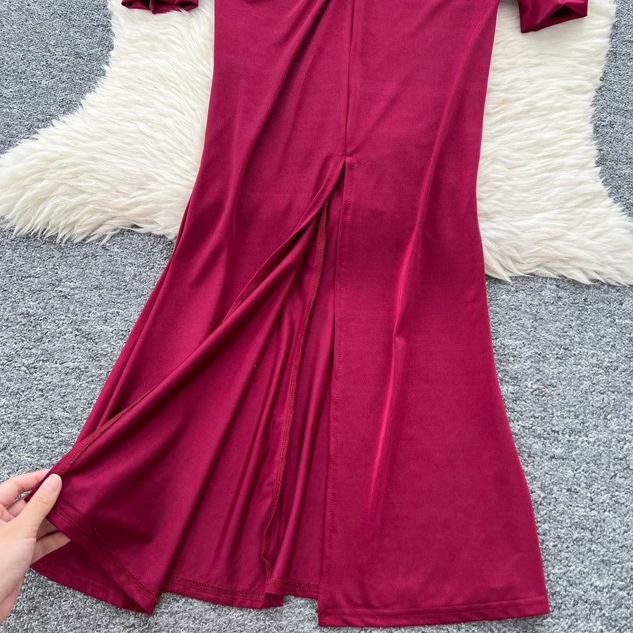 Elegant Pleated Vintage V-neck Chic Long Sleeve Slim Split Dress Korean Fashion Evening Party High Street Autumn Winter Clothing