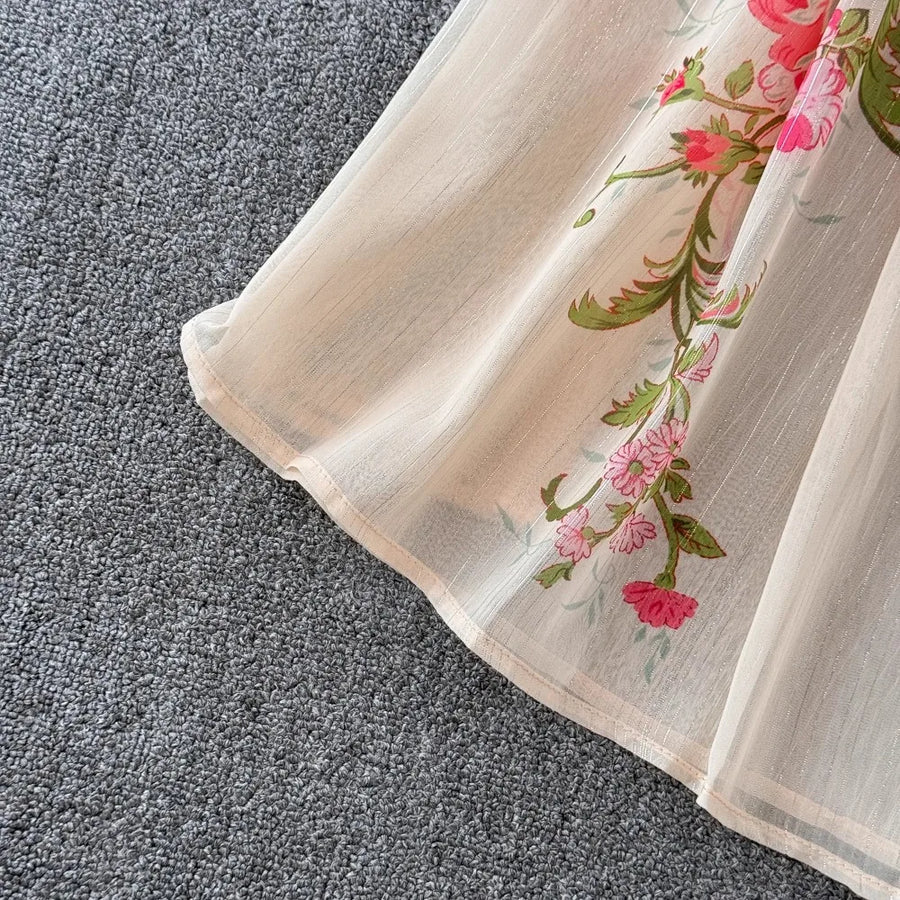 Sweet Print Lace Up French Style Femme Robe Stand Collar Lantern Sleeve Slim Fit Mujer Chiffon Ruched High Waist Dresses