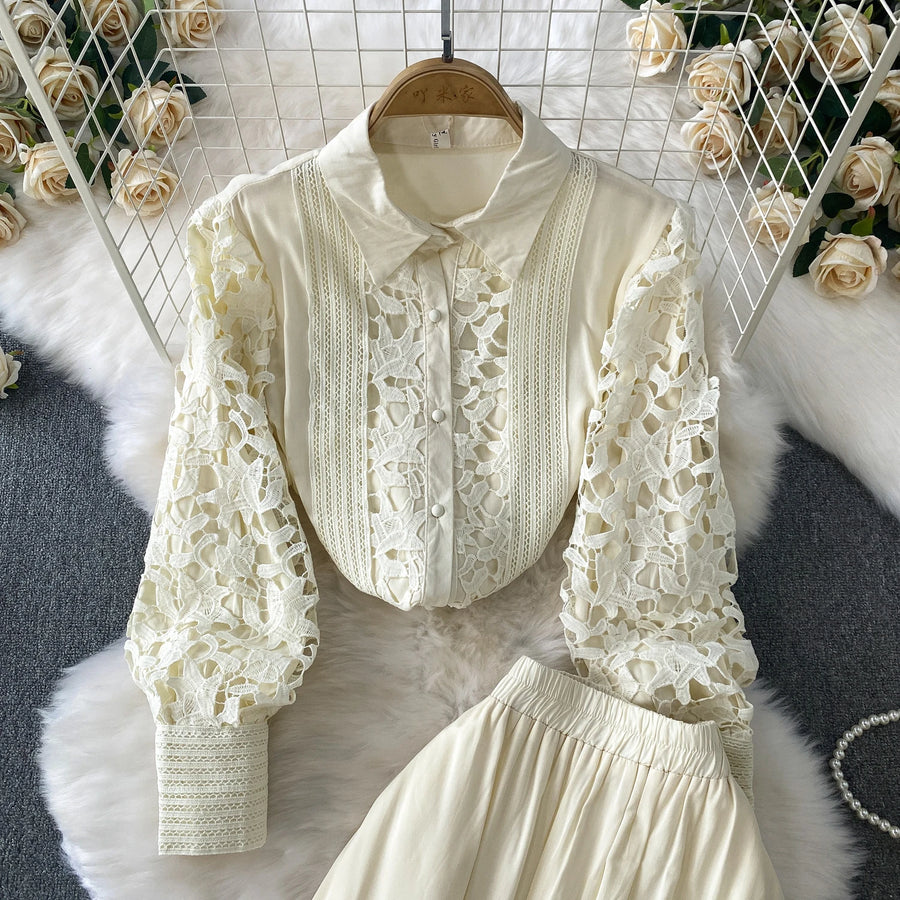 Skirt Sets Women Clothing Temperament Two Piece Set Patchwork Lace Blouses High Waist Hollow Out Long Skirts Suit Summer Outfits
