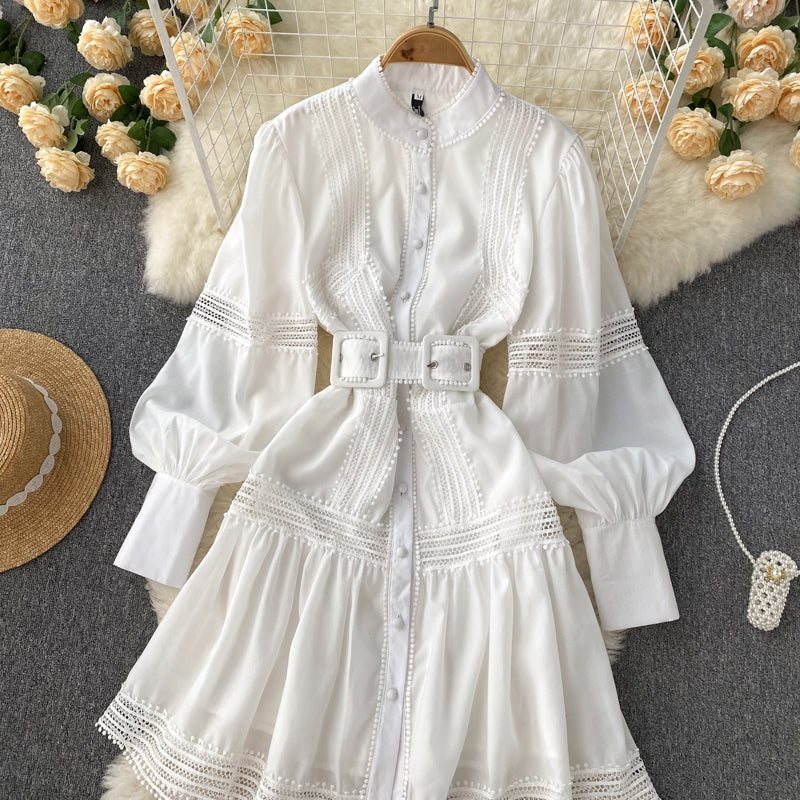 High Quality Stand Collar Puff Long Sleeve Button A Line Short Dress