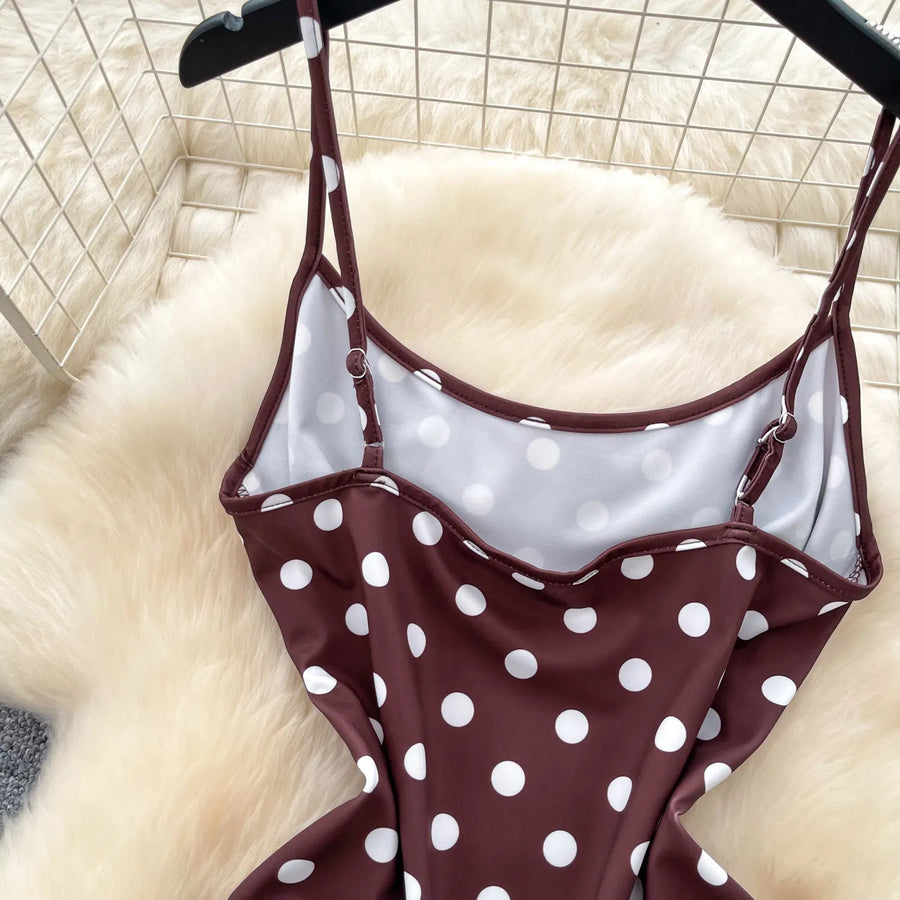 French Fashion Coffee Color Polka Dot Camisole Pure Desire Style Dress Women Summer Sweet High Waist Slim A Line Dress Woman