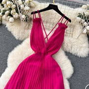 High Quality Solid Deep V Neck Sling Cross Ruffles Backless Pleated Maxi Dress