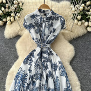 Dress Women Long Dresses High Waist Vestidos Polo Collar Short Sleeve Elegant Splice Y2k Streetwear Work Party Night Print
