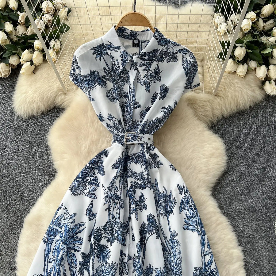 Dress Women Long Dresses High Waist Vestidos Polo Collar Short Sleeve Elegant Splice Y2k Streetwear Work Party Night Print