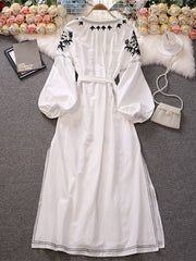 High quality black and white embroidery long sleeve elegant midi dress