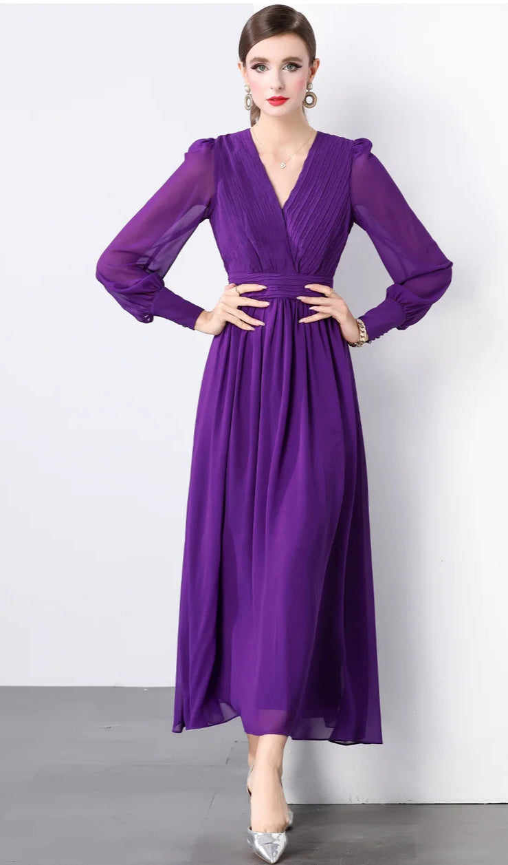 High quality V-neckline puff sleeve high waist draped chiffon long dress