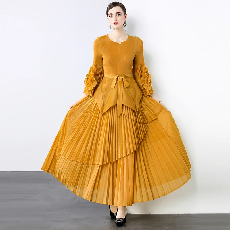 Miyake Spring Women's Clothing French Light Luxury Temperament Elegant Pleated Clothes Two-piece Set  Irregular Skirt 2025
