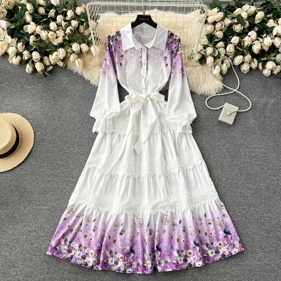 High Quality Crochet Lace Belted Flower Print Long Sleeve Bohemian Dress Lavender / XXL High Quality Crochet Lace Belted Flower Print Long Sleeve Bohemian Dress Lavender / XXL