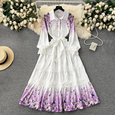 High Quality Crochet Lace Belted Flower Print Long Sleeve Bohemian Dress