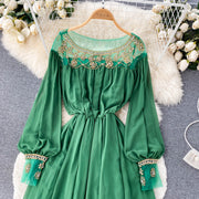 High Quality Various Colors Lantern Sleeve O Neck Maxi Embroidered Dress