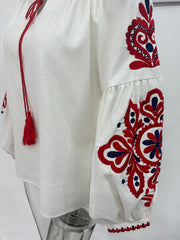 High Quality Lantern Sleeve V Neck Embroidery Shirt