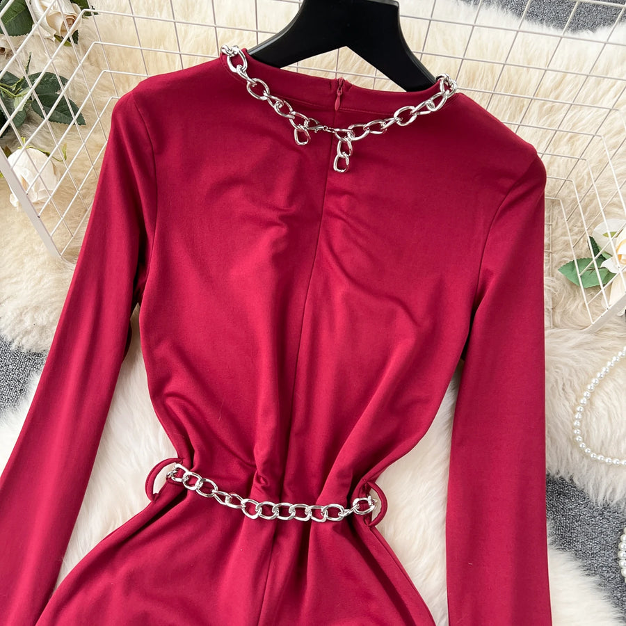Solid Jumpsuit Chain Round Neck Long Sleeve Cropped Wide Leg Long Pants