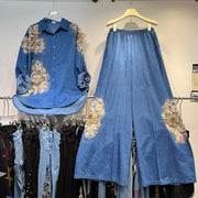 Casual two-piece set: heavy floral denim shirt, loose lapel beaded top, and wide-leg jeans