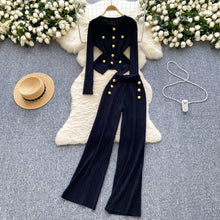 Two Piece Sets Elegant Long Sleeve Button Top + Elastic Long Pants