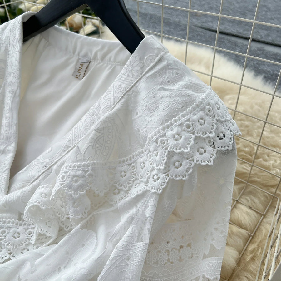 Women Long Dress Dresses Ruffles Vestidos V Neck Lantern Sleeve Elegant Splice Y2k Streetwear Hollow Out Tight Waist Work Party