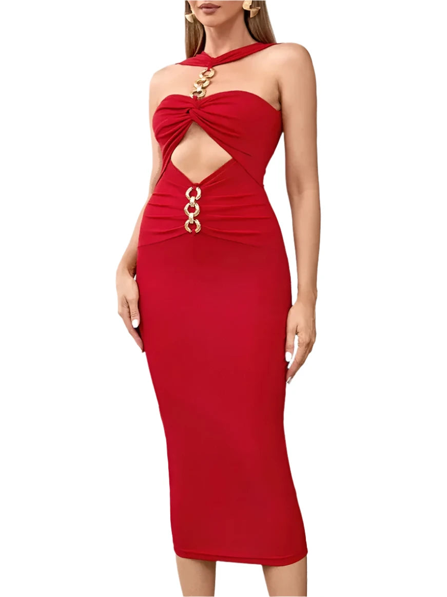 High Quality Sexy Round Neck Sleeveless Slim Draped Flute Dress