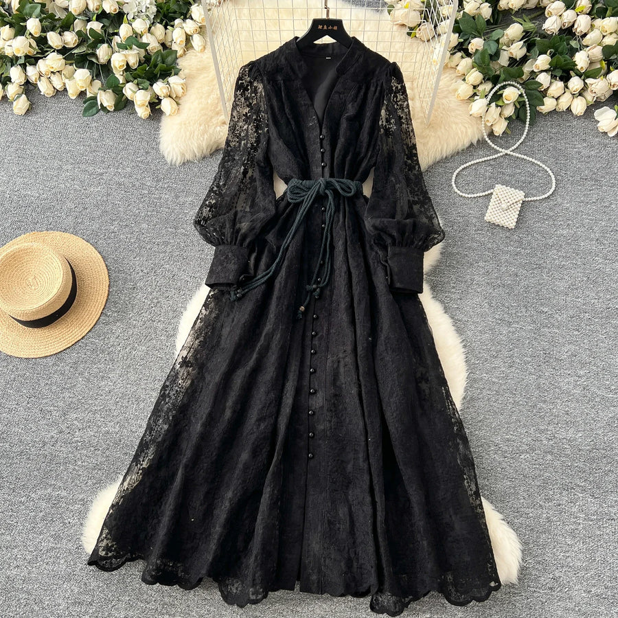 High-end vintage elegant V-neck long-sleeved dress Black / L High-end vintage elegant V-neck long-sleeved dress Black / L