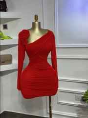 Long-sleeved floral appliqué slash neck ruched bodycon midi dress