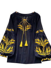 Retro Ethnic Heavy Embroidery Belted round Ne Lantern Sve irt Women Loose Casual Top Faionable Base irt