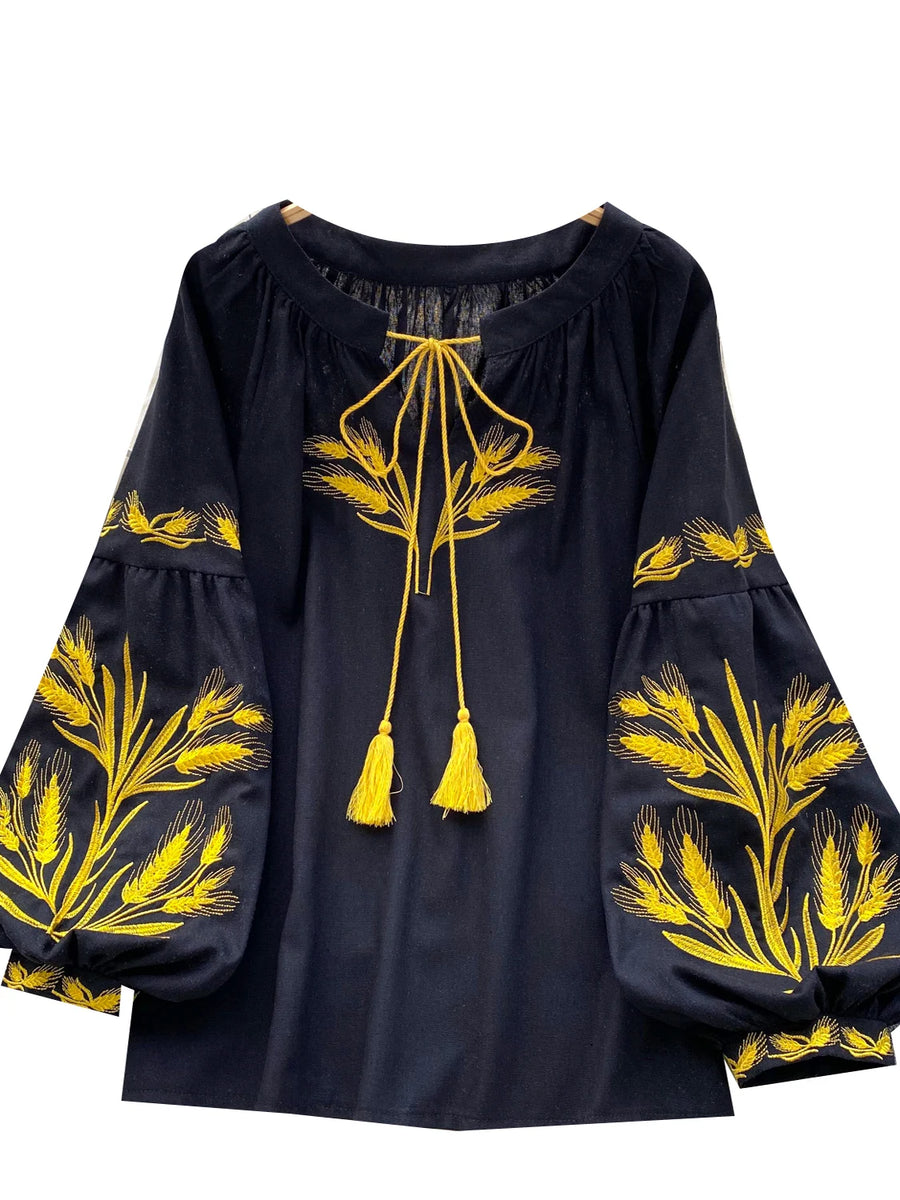Retro Ethnic Heavy Embroidery Belted round Ne Lantern Sve irt Women Loose Casual Top Faionable Base irt