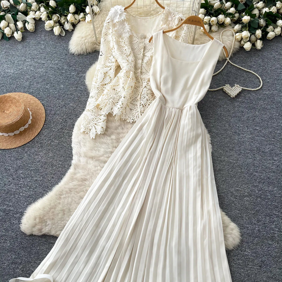 Lace Ruffle Camis Midi Dress Two Pieces Sets V Neck Top  Vintage   Tulle Pleated  Skirt   High Waist A-line Skirt Fall Sets